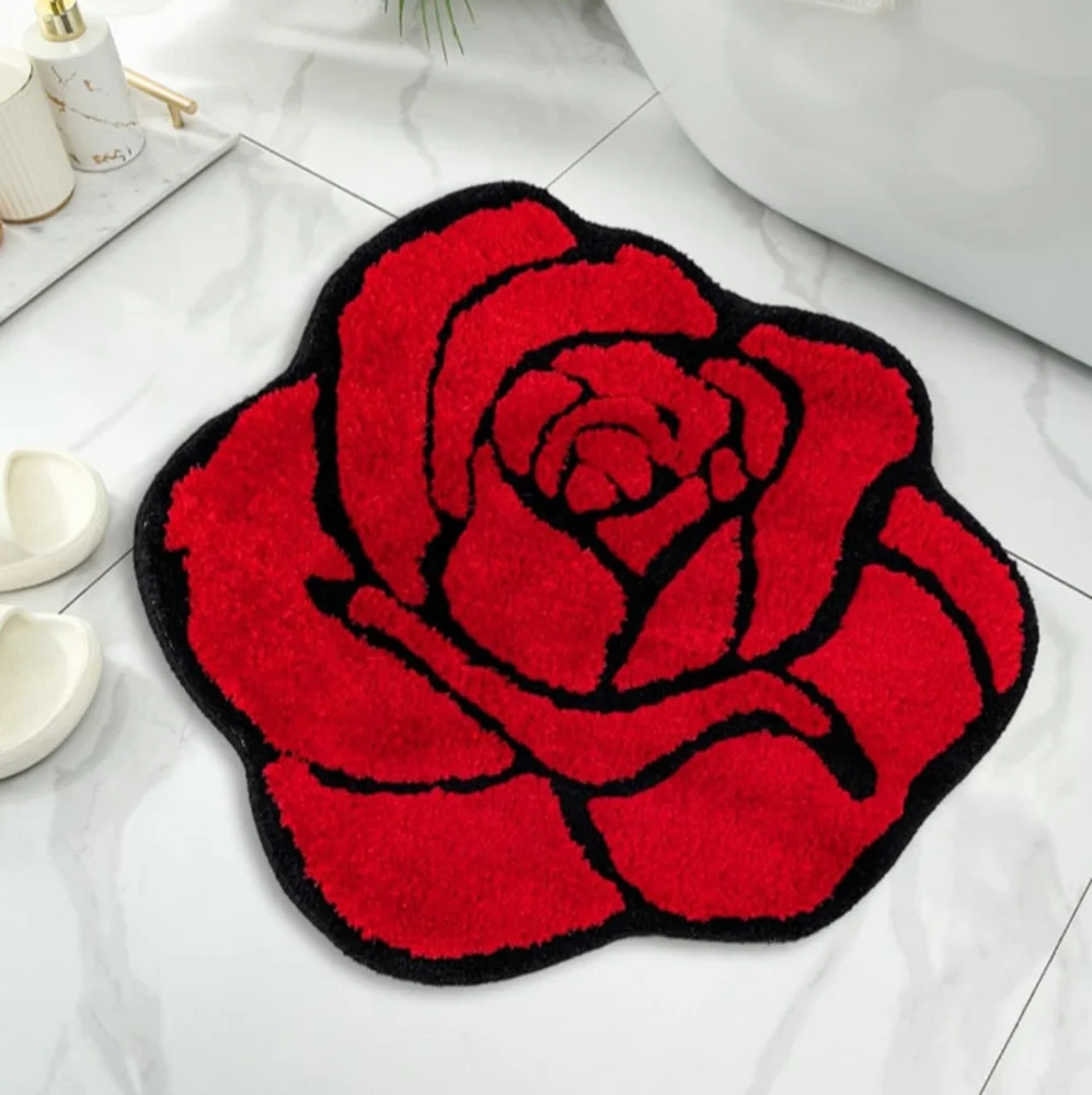 Red Rose Shaped Bath Mat Bedroom Rug Doormat Flower Shape Floral Romantic Decor